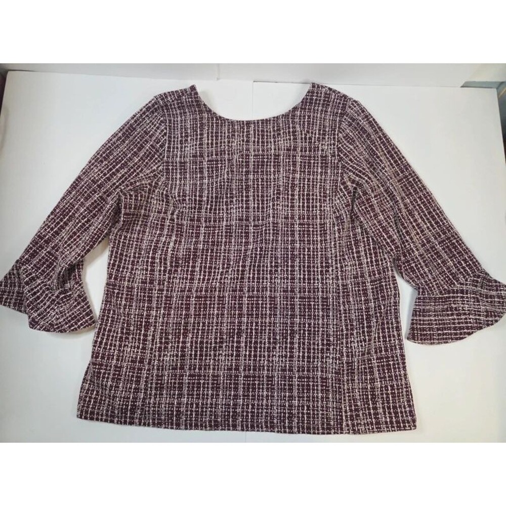 Talbots Woman Burgundy & White Tweed Style Print Flounce Sleeve Top 1x